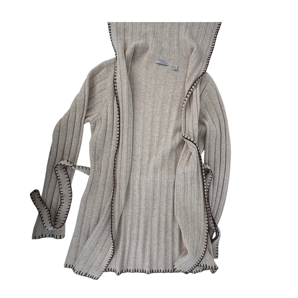 Halogen‎ Ribbed Knit Open Front Belted Cardigan Sweater Womens L Beige Hooded - Picture 2 of 6